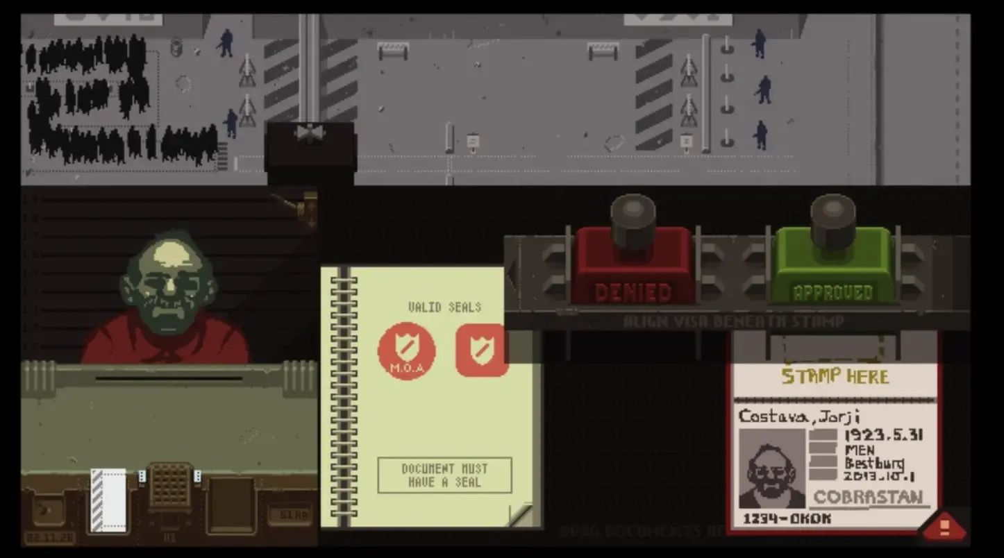 Jorji Costava presenting a crude fake Cobrastan passport at the border checkpoint in Papers Please, a classic funny moment.