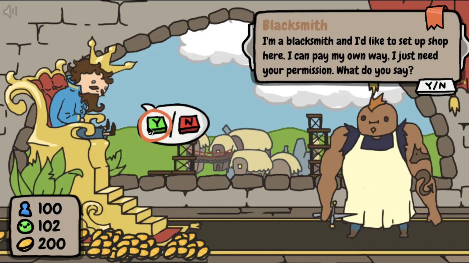 Sort the Court gameplay showing a blacksmith asking the king for permission, illustrating the Yes or No decision mechanic