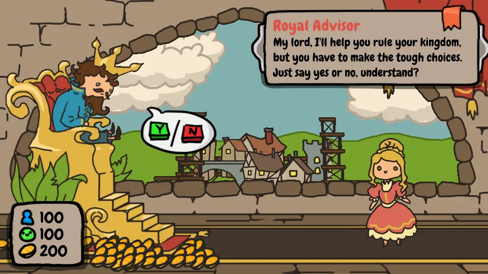 Sort The Court game scene with the Royal Advisor offering advice to the crowned ruler, presenting a choice to say yes or no in a decision-making moment.